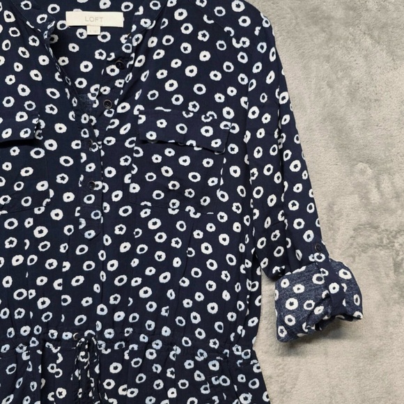 LOFT Blue White Dot Shirt Dress Small Lined Pockets Drawstring Waist - Picture 4 of 15